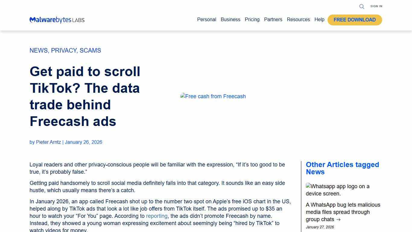 Get paid to scroll TikTok? The data trade behind Freecash ads Malwarebytes